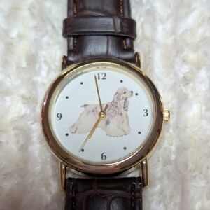 Gold Tone Cocker Spaniel Dog Watch With Brown Leather Band